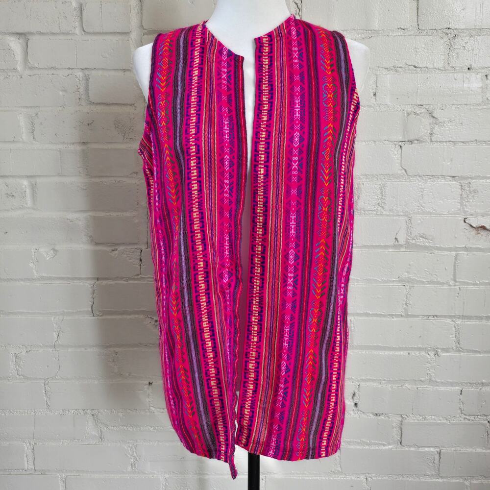 Handcrafted Pink Striped Boho Huipil Open-Front Vest┃Vibrant Dopamine Dressing